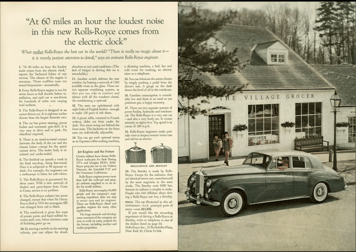 Exemple de copywriting célèbre avec la publicité de Rolls-Royce en 1958.